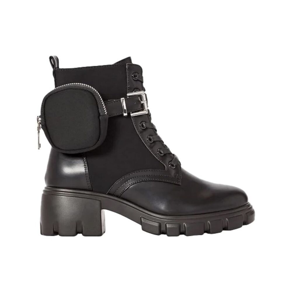 SHOEDAZZLE Womens Black 1" Platform Zip Pocket Back Tanzi Hiking Boots 9.5